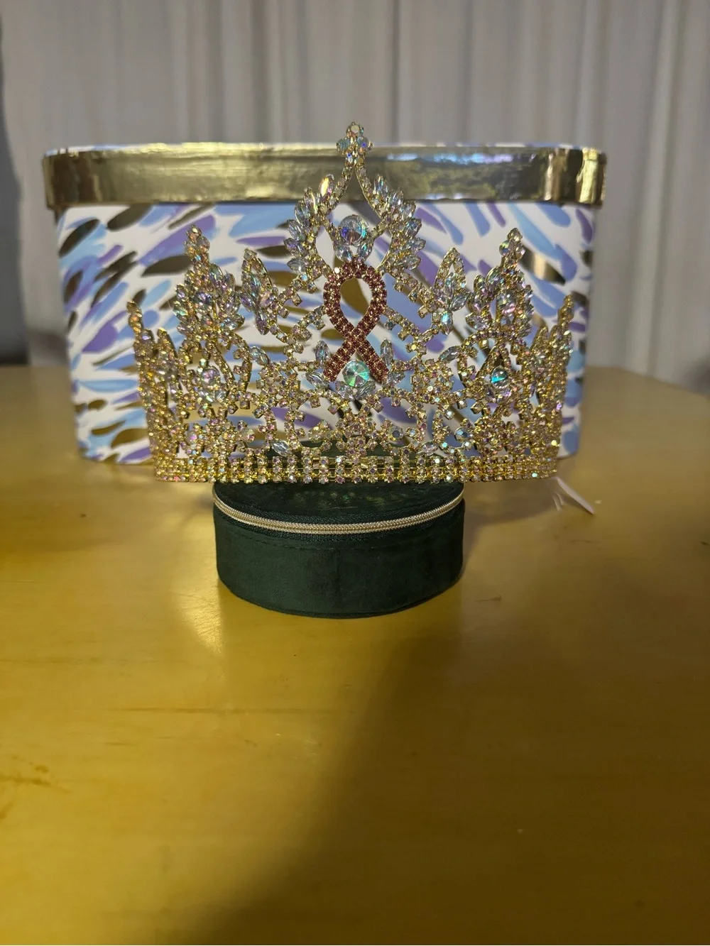 Gold pageant crown with pink cancer ribbon customization